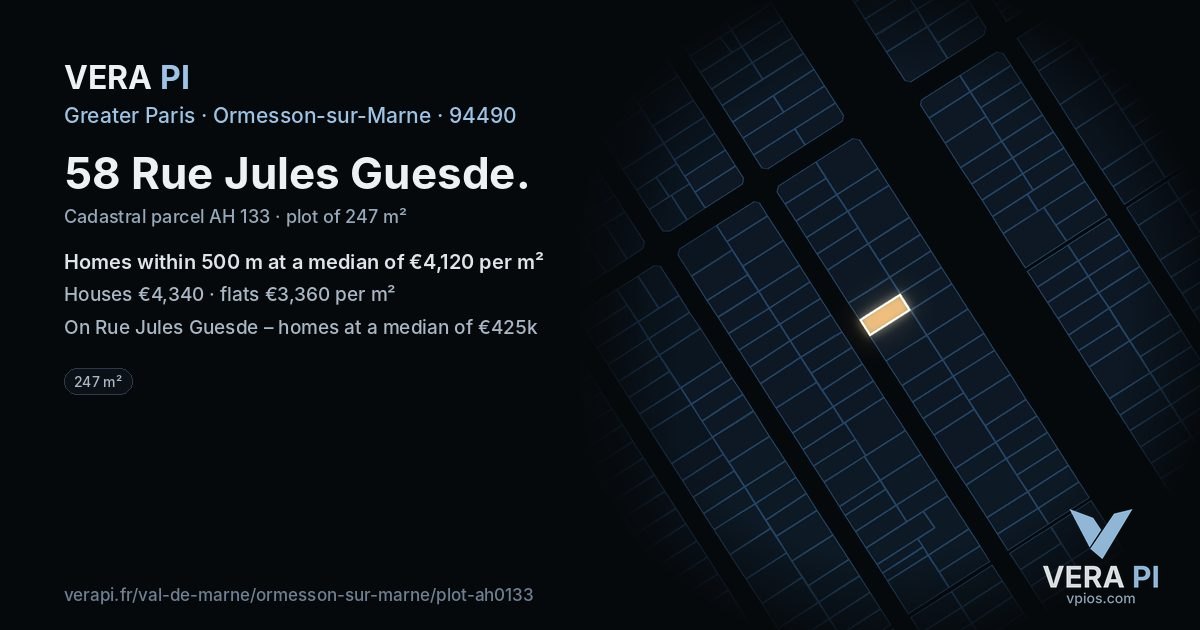 58 Rue Jules Guesde, Ormesson-sur-Marne at night – the plot lit, the parcels around coloured by the prices near them