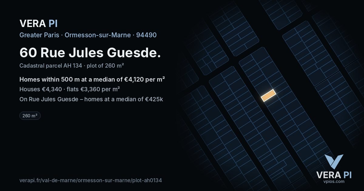 60 Rue Jules Guesde, Ormesson-sur-Marne at night – the plot lit, the parcels around coloured by the prices near them