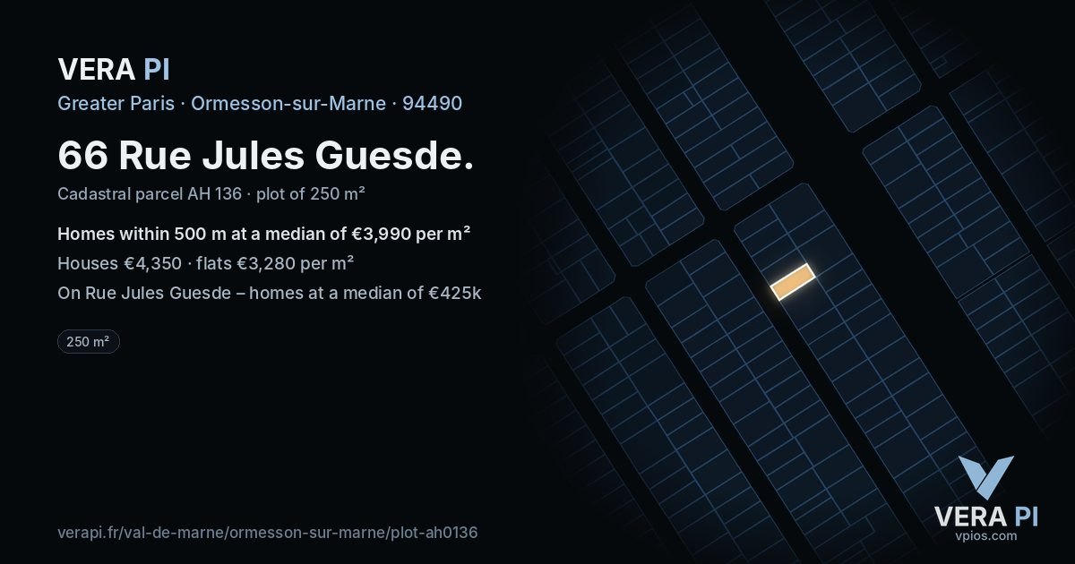 66 Rue Jules Guesde, Ormesson-sur-Marne at night – the plot lit, the parcels around coloured by the prices near them