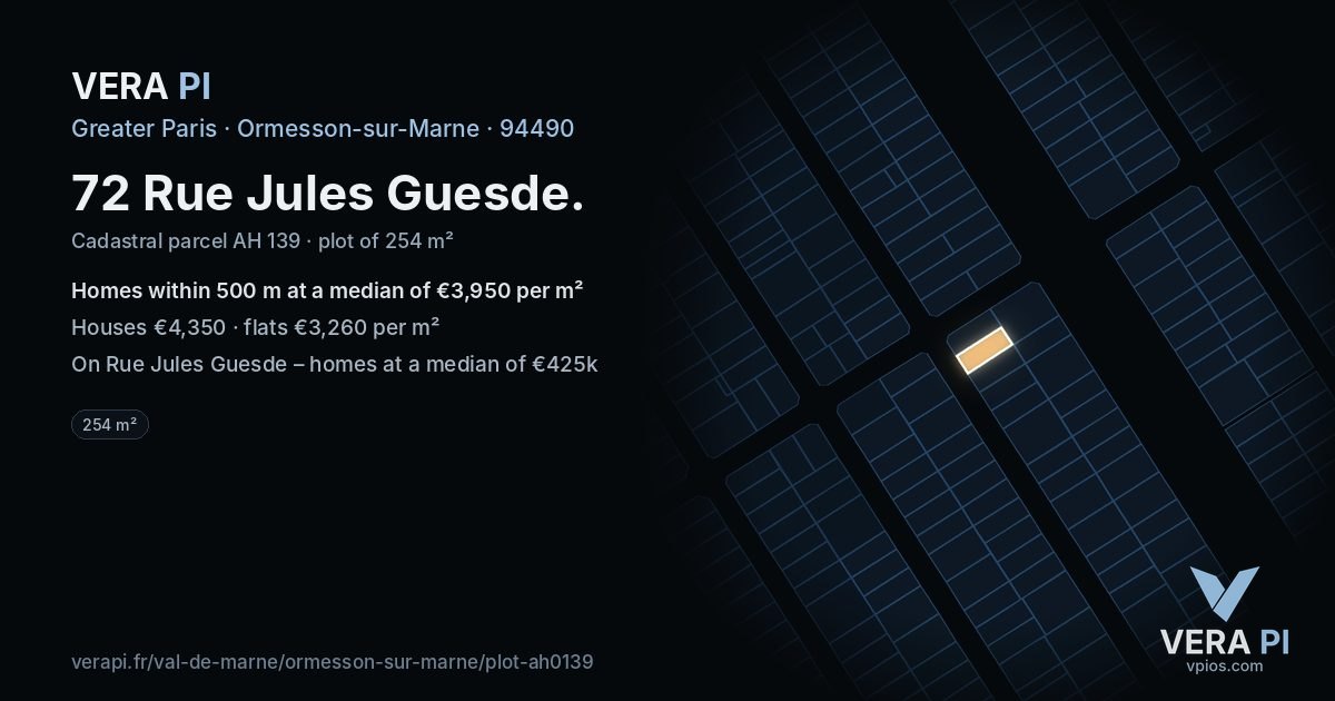 72 Rue Jules Guesde, Ormesson-sur-Marne at night – the plot lit, the parcels around coloured by the prices near them