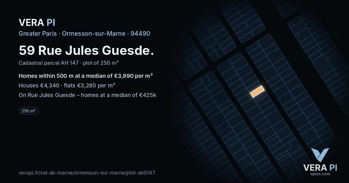 59 Rue Jules Guesde, Ormesson-sur-Marne at night – the plot lit, the parcels around coloured by the prices near them