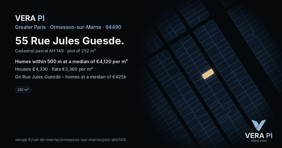 55 Rue Jules Guesde, Ormesson-sur-Marne at night – the plot lit, the parcels around coloured by the prices near them
