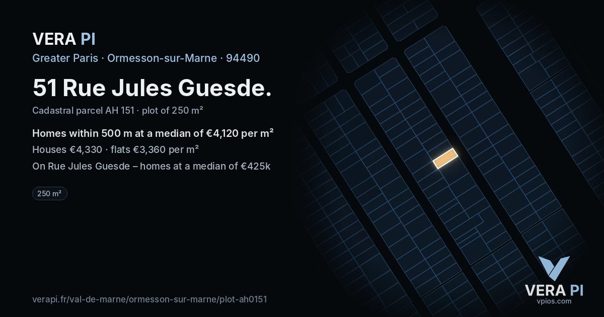 51 Rue Jules Guesde, Ormesson-sur-Marne at night – the plot lit, the parcels around coloured by the prices near them