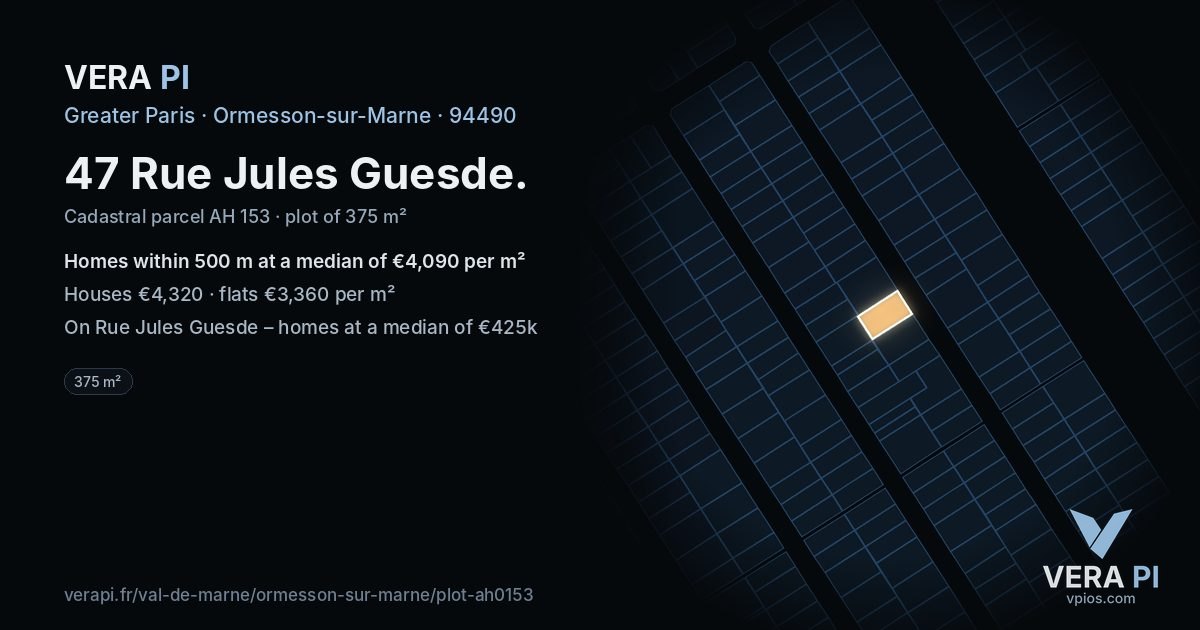 47 Rue Jules Guesde, Ormesson-sur-Marne at night – the plot lit, the parcels around coloured by the prices near them