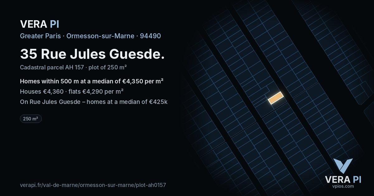35 Rue Jules Guesde, Ormesson-sur-Marne at night – the plot lit, the parcels around coloured by the prices near them