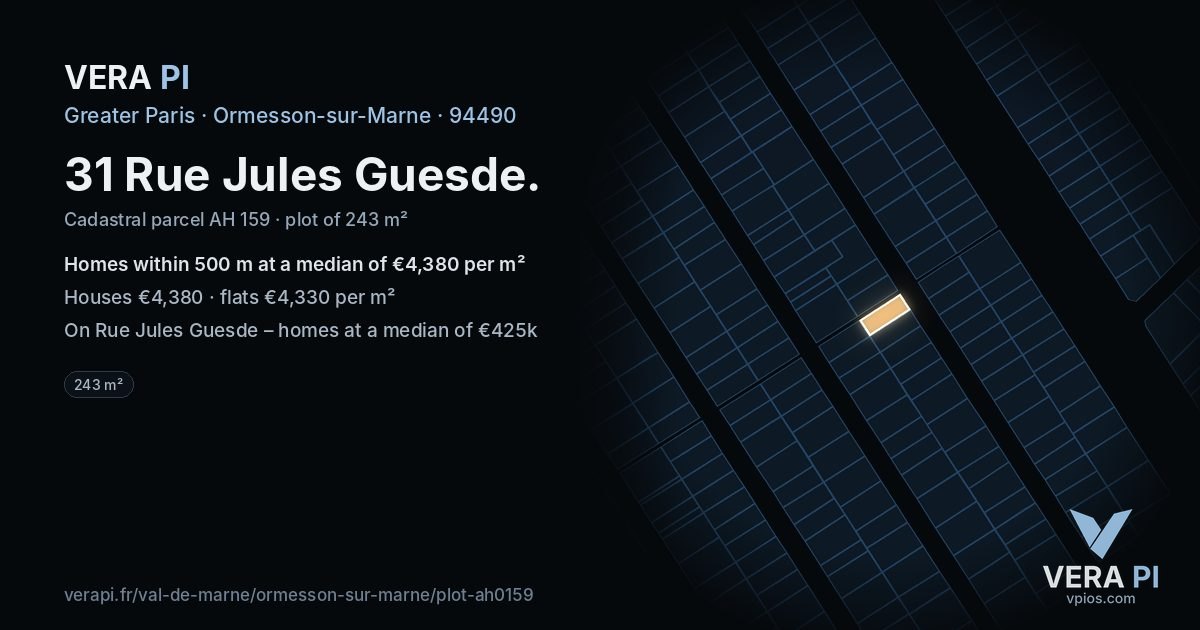 31 Rue Jules Guesde, Ormesson-sur-Marne at night – the plot lit, the parcels around coloured by the prices near them