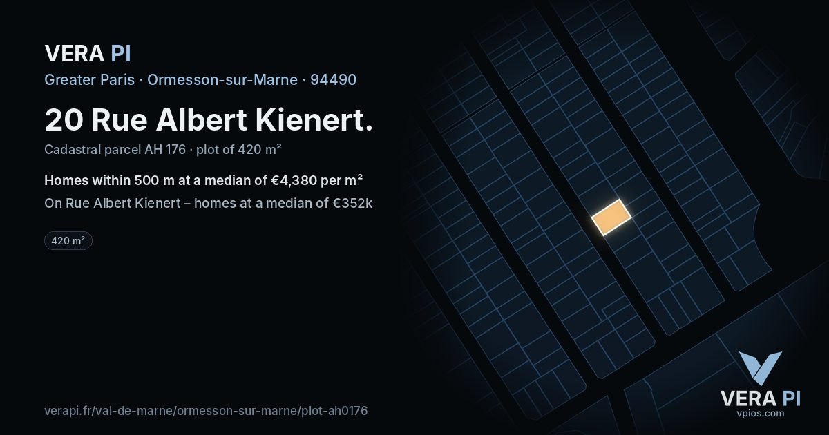 20 Rue Albert Kienert, Ormesson-sur-Marne at night – the plot lit, the parcels around coloured by the prices near them