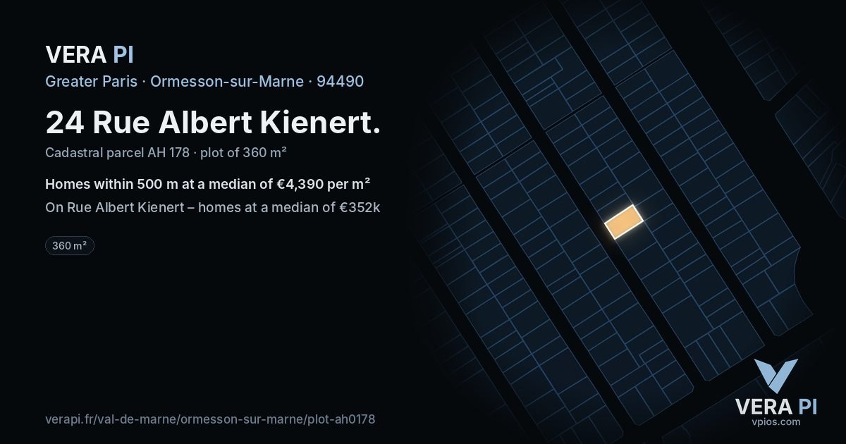 24 Rue Albert Kienert, Ormesson-sur-Marne at night – the plot lit, the parcels around coloured by the prices near them