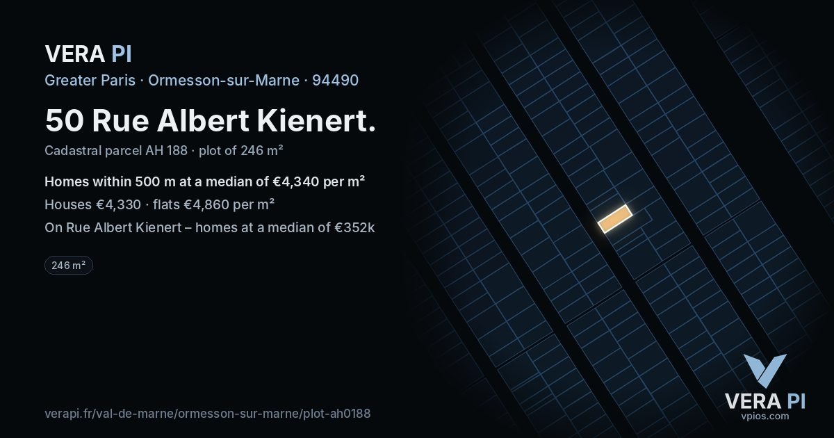 50 Rue Albert Kienert, Ormesson-sur-Marne at night – the plot lit, the parcels around coloured by the prices near them