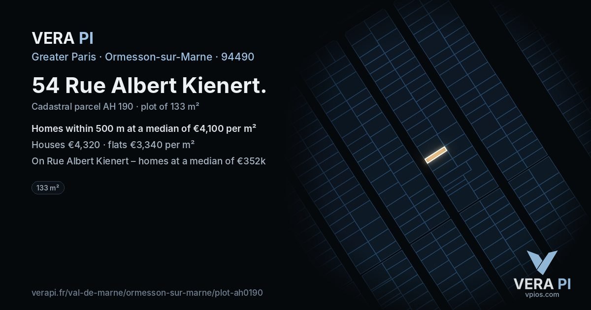 54 Rue Albert Kienert, Ormesson-sur-Marne at night – the plot lit, the parcels around coloured by the prices near them