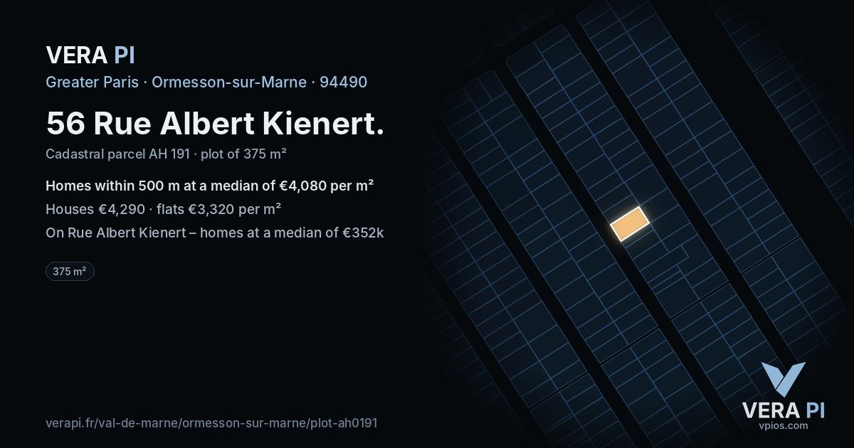 56 Rue Albert Kienert, Ormesson-sur-Marne at night – the plot lit, the parcels around coloured by the prices near them