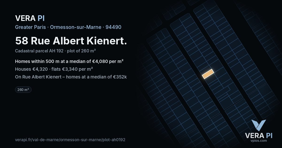 58 Rue Albert Kienert, Ormesson-sur-Marne at night – the plot lit, the parcels around coloured by the prices near them