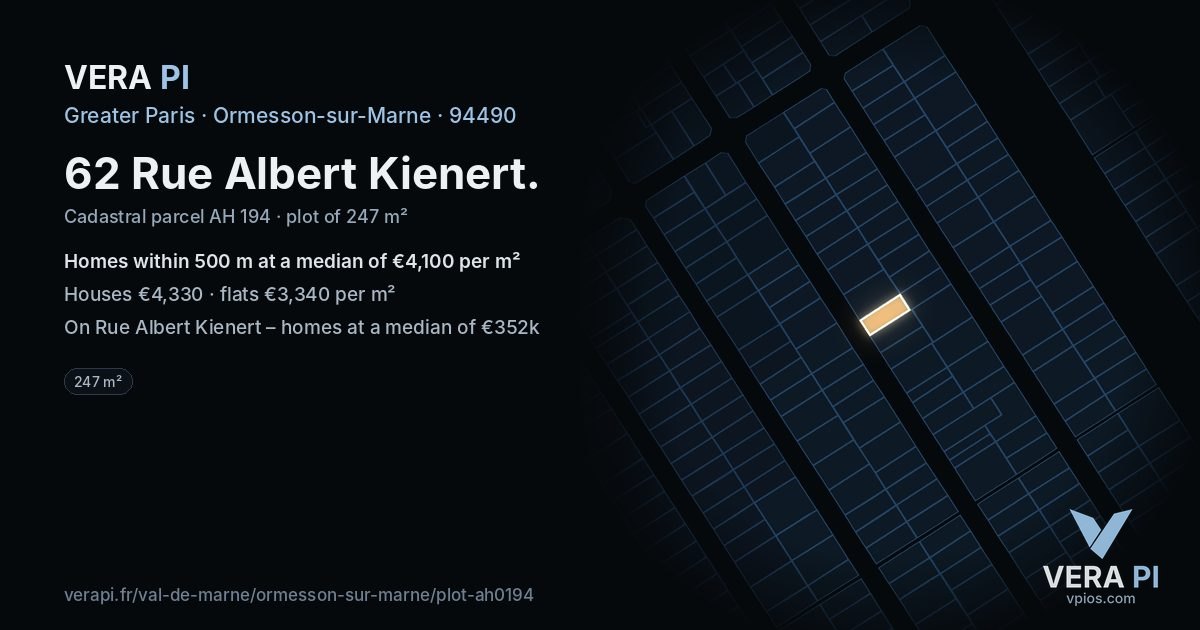 62 Rue Albert Kienert, Ormesson-sur-Marne at night – the plot lit, the parcels around coloured by the prices near them