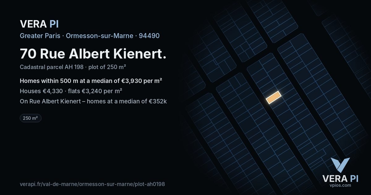 70 Rue Albert Kienert, Ormesson-sur-Marne at night – the plot lit, the parcels around coloured by the prices near them