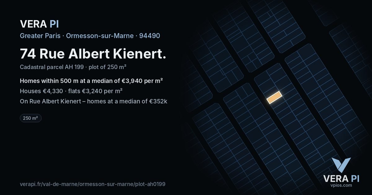 74 Rue Albert Kienert, Ormesson-sur-Marne at night – the plot lit, the parcels around coloured by the prices near them