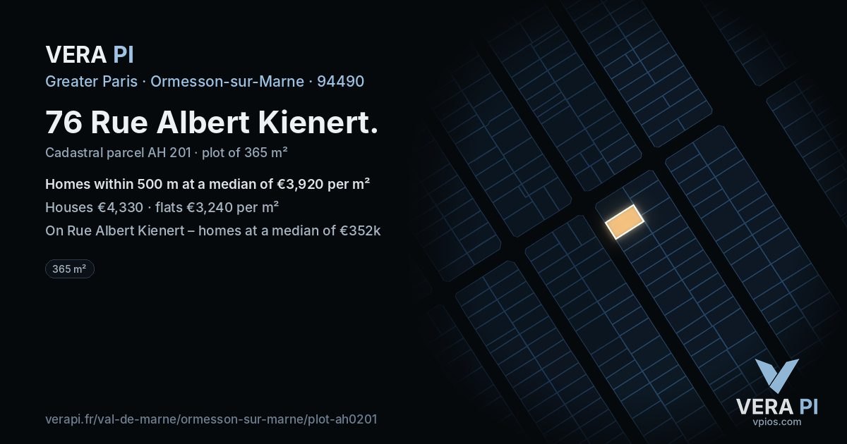 76 Rue Albert Kienert, Ormesson-sur-Marne at night – the plot lit, the parcels around coloured by the prices near them