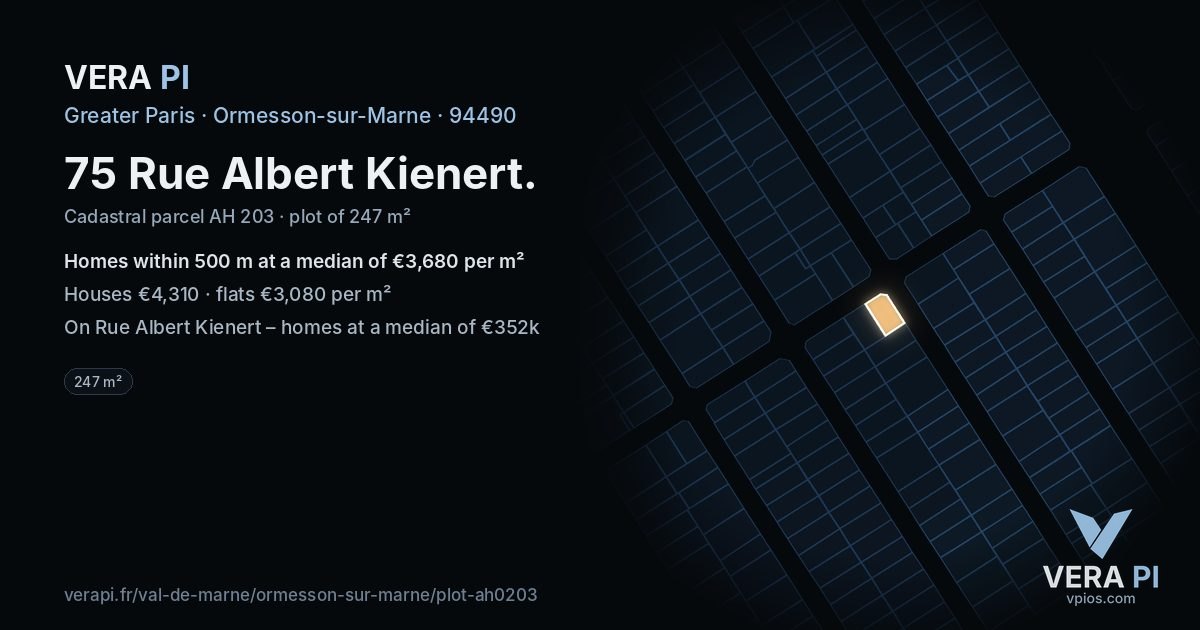 75 Rue Albert Kienert, Ormesson-sur-Marne at night – the plot lit, the parcels around coloured by the prices near them