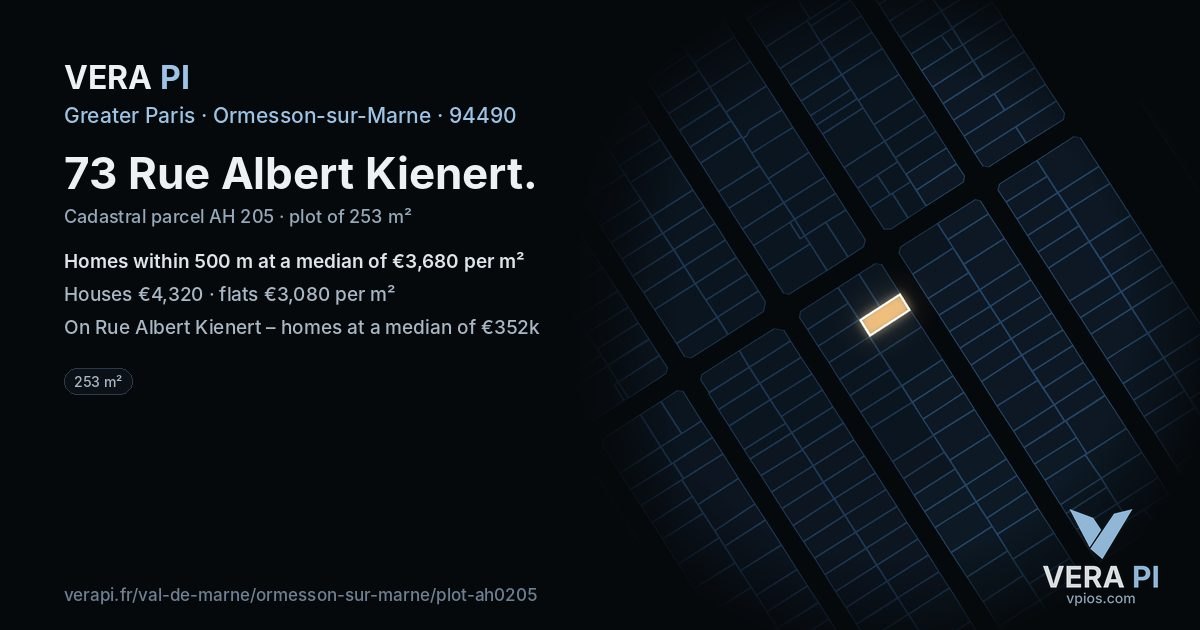 73 Rue Albert Kienert, Ormesson-sur-Marne at night – the plot lit, the parcels around coloured by the prices near them