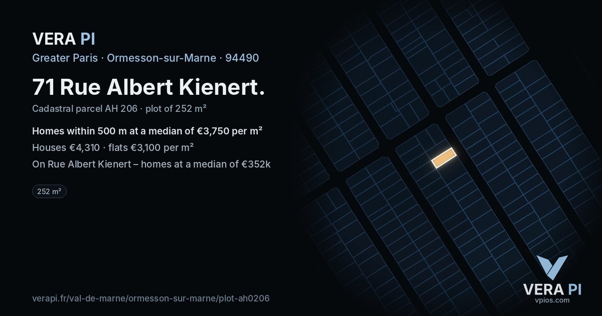 71 Rue Albert Kienert, Ormesson-sur-Marne at night – the plot lit, the parcels around coloured by the prices near them