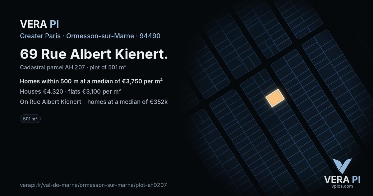 69 Rue Albert Kienert, Ormesson-sur-Marne at night – the plot lit, the parcels around coloured by the prices near them