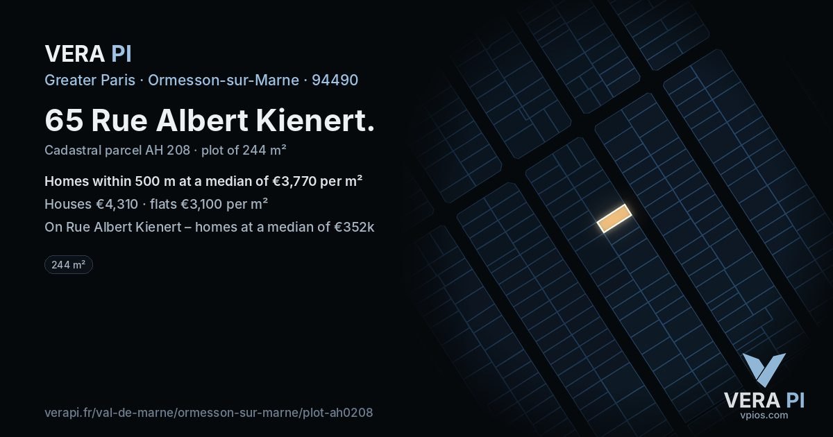 65 Rue Albert Kienert, Ormesson-sur-Marne at night – the plot lit, the parcels around coloured by the prices near them