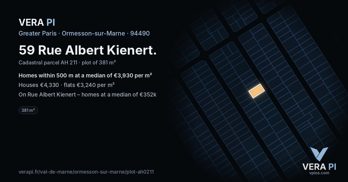 59 Rue Albert Kienert, Ormesson-sur-Marne at night – the plot lit, the parcels around coloured by the prices near them
