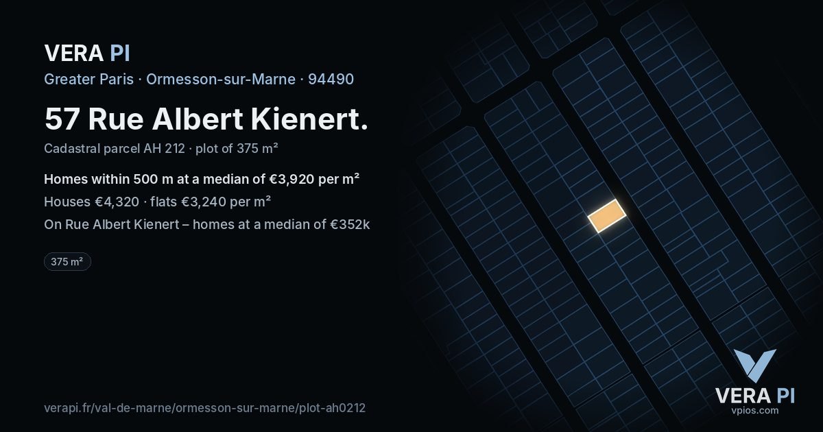 57 Rue Albert Kienert, Ormesson-sur-Marne at night – the plot lit, the parcels around coloured by the prices near them