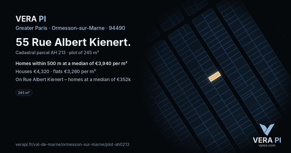 55 Rue Albert Kienert, Ormesson-sur-Marne at night – the plot lit, the parcels around coloured by the prices near them