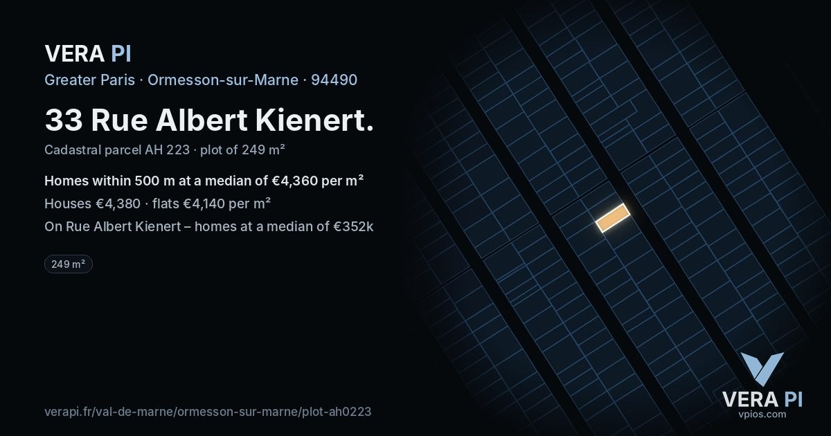 33 Rue Albert Kienert, Ormesson-sur-Marne at night – the plot lit, the parcels around coloured by the prices near them