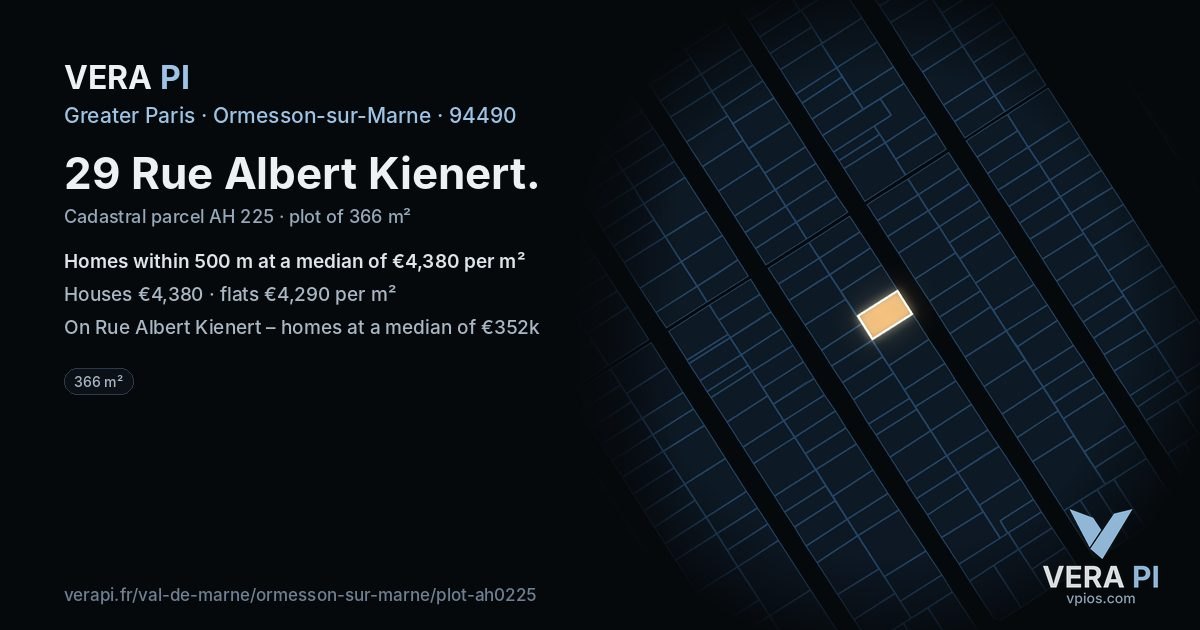 29 Rue Albert Kienert, Ormesson-sur-Marne at night – the plot lit, the parcels around coloured by the prices near them