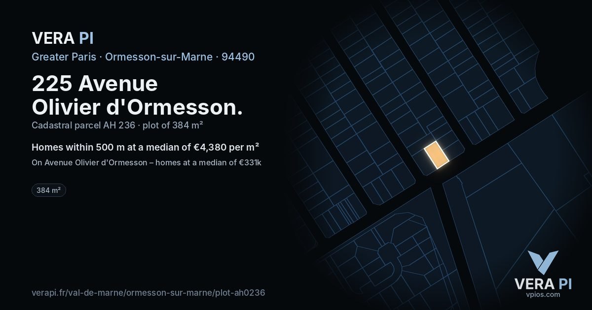 225 Avenue Olivier d'Ormesson, Ormesson-sur-Marne at night – the plot lit, the parcels around coloured by the prices near them