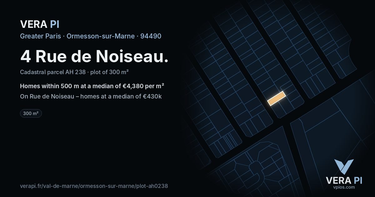 4 Rue de Noiseau, Ormesson-sur-Marne at night – the plot lit, the parcels around coloured by the prices near them