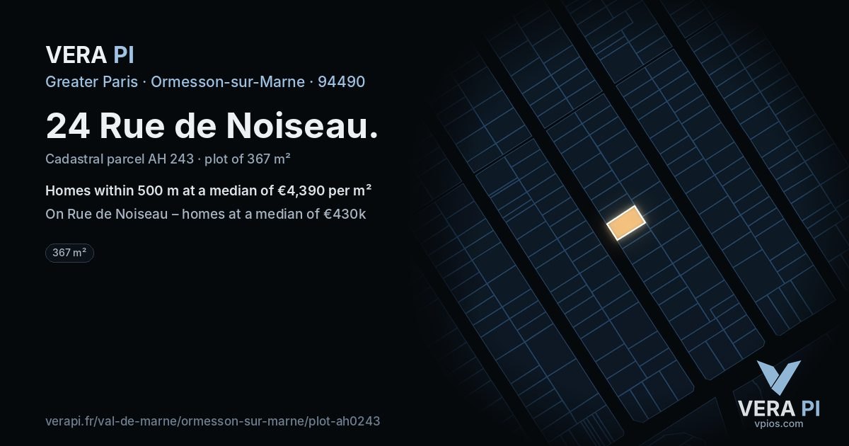 24 Rue de Noiseau, Ormesson-sur-Marne at night – the plot lit, the parcels around coloured by the prices near them