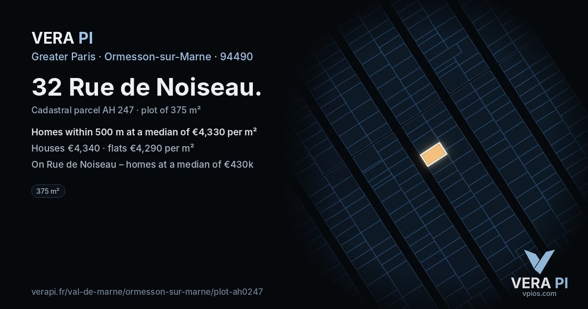 32 Rue de Noiseau, Ormesson-sur-Marne at night – the plot lit, the parcels around coloured by the prices near them
