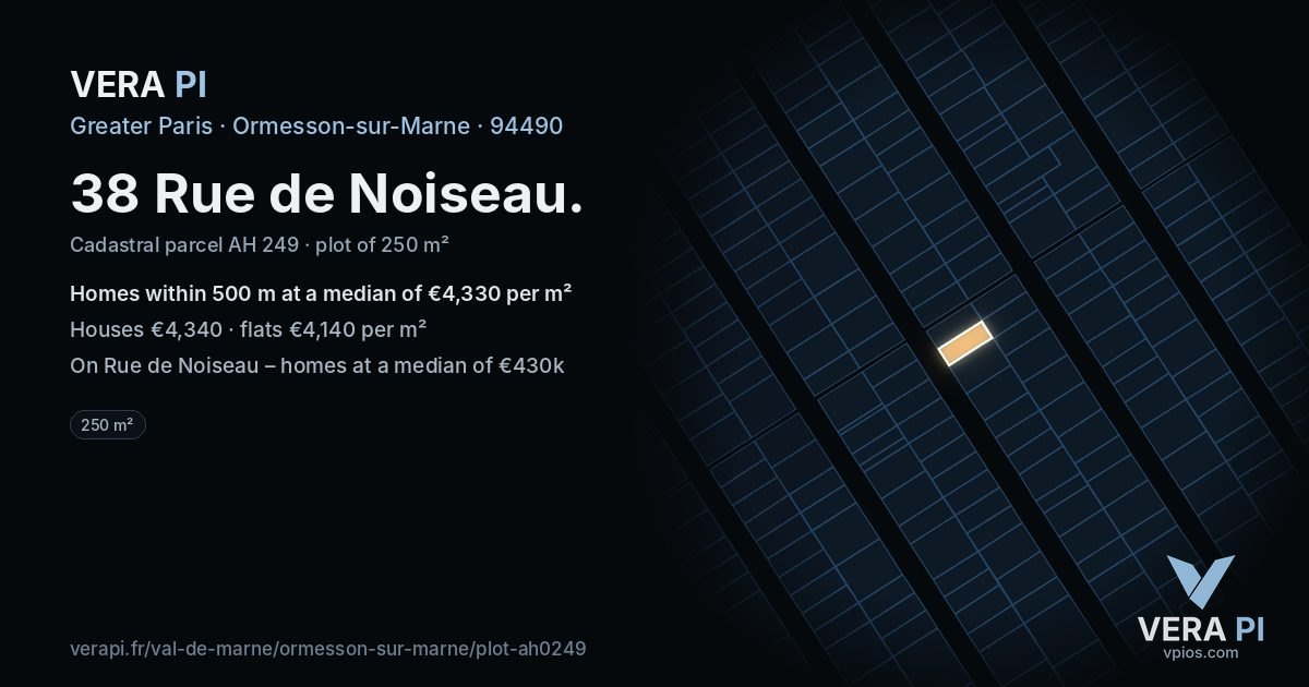 38 Rue de Noiseau, Ormesson-sur-Marne at night – the plot lit, the parcels around coloured by the prices near them