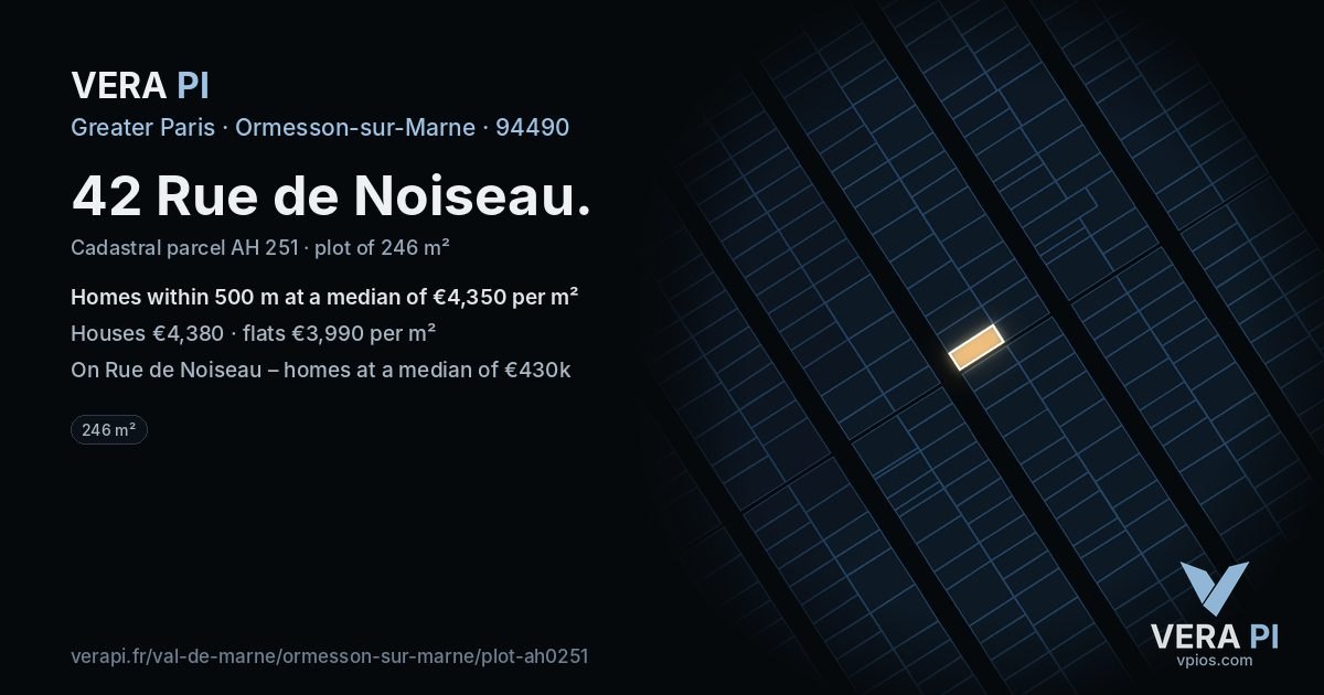 42 Rue de Noiseau, Ormesson-sur-Marne at night – the plot lit, the parcels around coloured by the prices near them