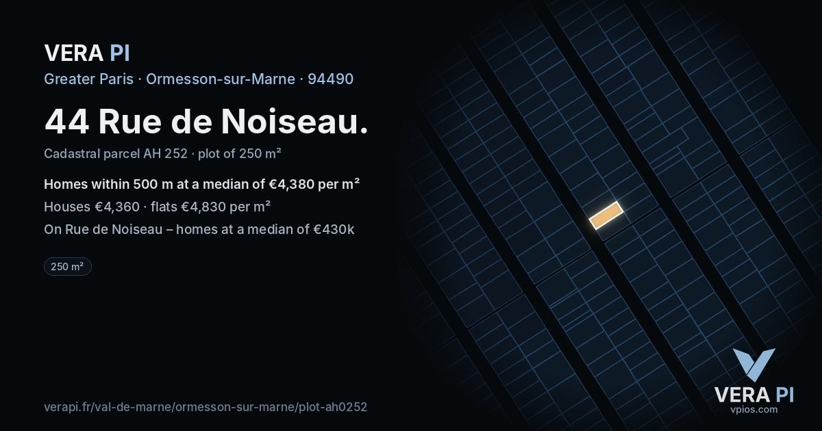 44 Rue de Noiseau, Ormesson-sur-Marne at night – the plot lit, the parcels around coloured by the prices near them
