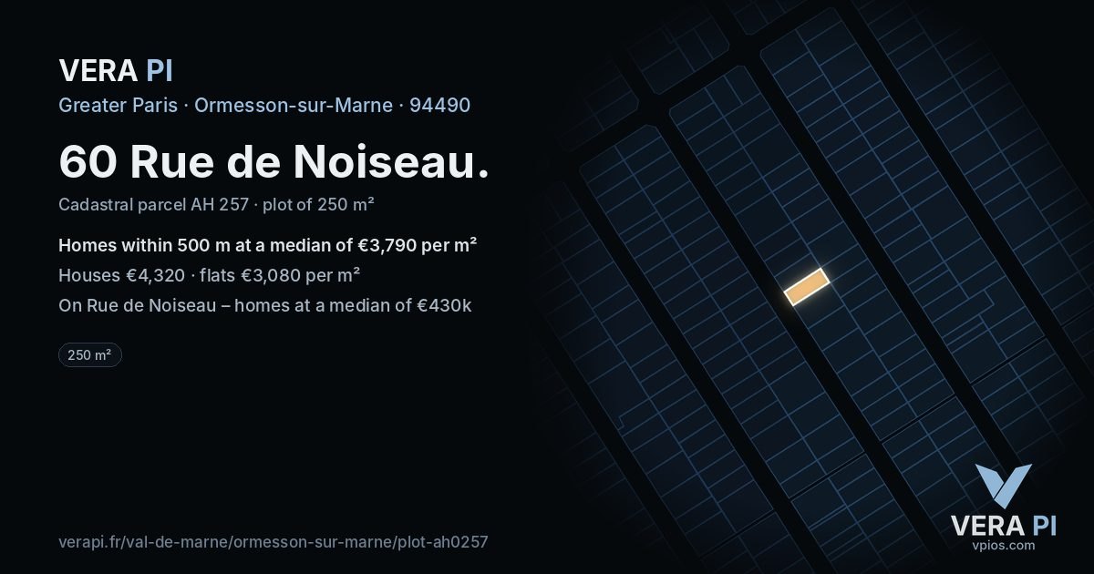 60 Rue de Noiseau, Ormesson-sur-Marne at night – the plot lit, the parcels around coloured by the prices near them