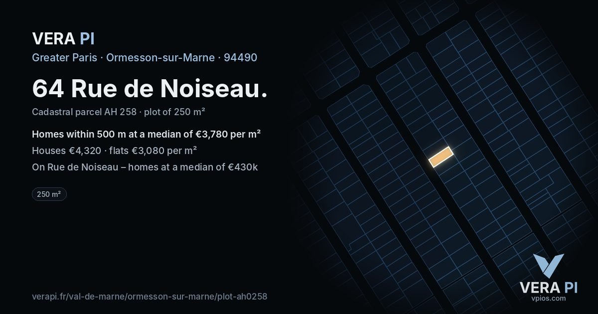 64 Rue de Noiseau, Ormesson-sur-Marne at night – the plot lit, the parcels around coloured by the prices near them