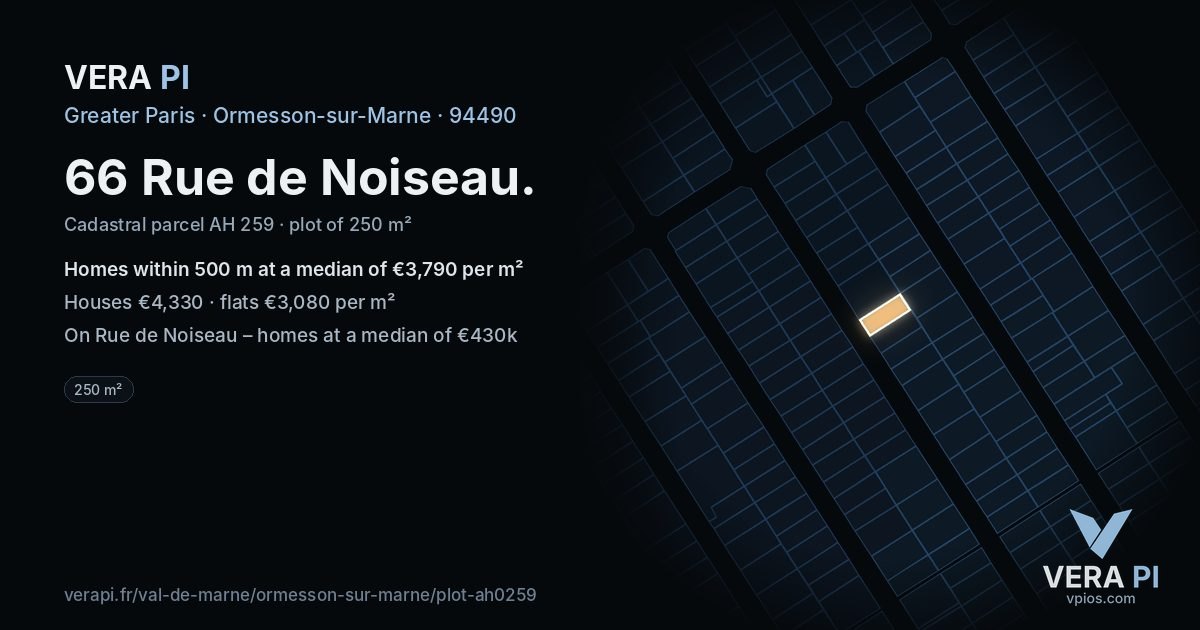 66 Rue de Noiseau, Ormesson-sur-Marne at night – the plot lit, the parcels around coloured by the prices near them