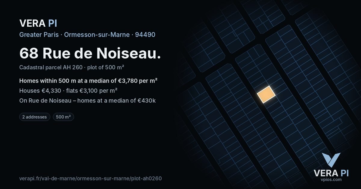 68 Rue de Noiseau, Ormesson-sur-Marne at night – the plot lit, the parcels around coloured by the prices near them