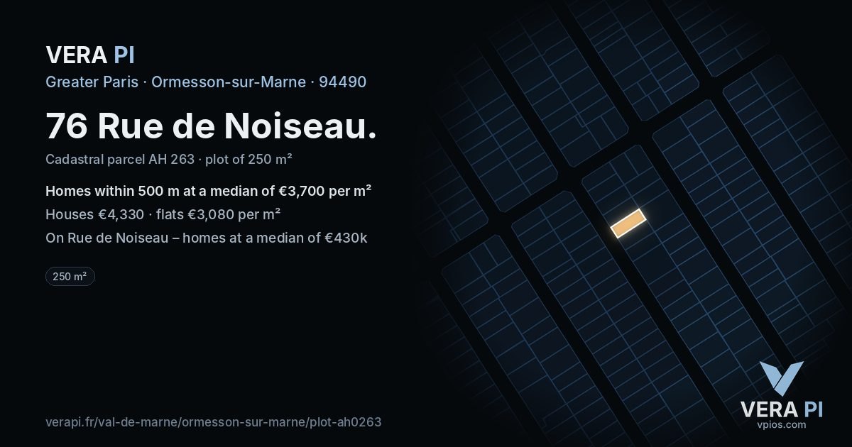 76 Rue de Noiseau, Ormesson-sur-Marne at night – the plot lit, the parcels around coloured by the prices near them