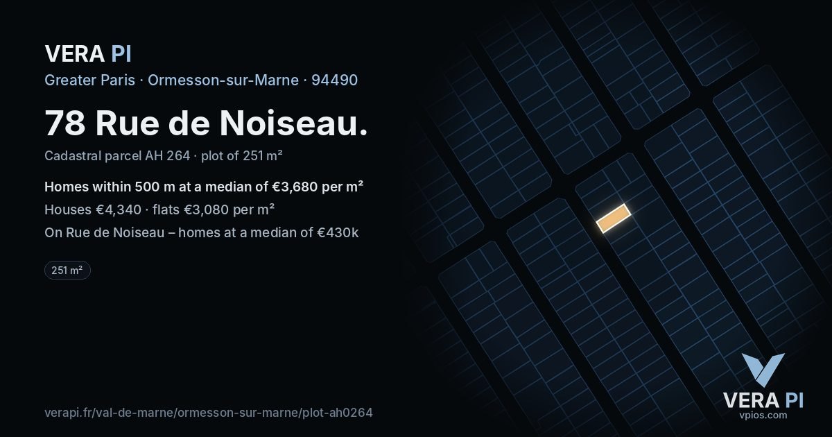 78 Rue de Noiseau, Ormesson-sur-Marne at night – the plot lit, the parcels around coloured by the prices near them