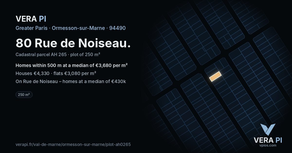80 Rue de Noiseau, Ormesson-sur-Marne at night – the plot lit, the parcels around coloured by the prices near them