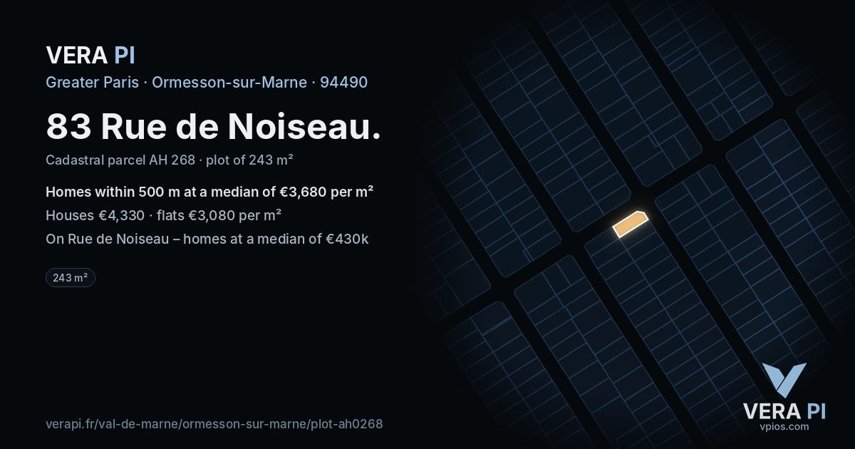 83 Rue de Noiseau, Ormesson-sur-Marne at night – the plot lit, the parcels around coloured by the prices near them
