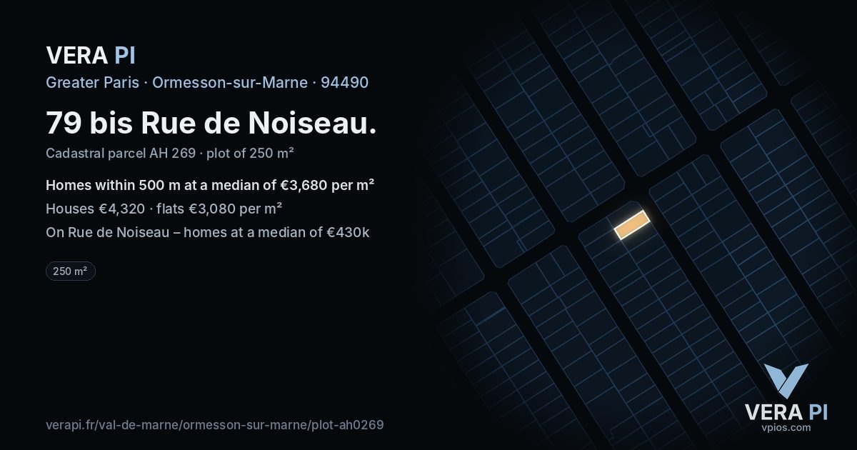 79 bis Rue de Noiseau, Ormesson-sur-Marne at night – the plot lit, the parcels around coloured by the prices near them
