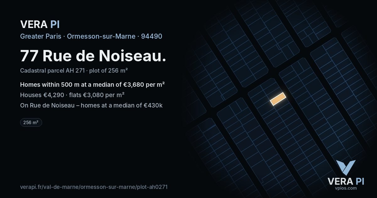 77 Rue de Noiseau, Ormesson-sur-Marne at night – the plot lit, the parcels around coloured by the prices near them