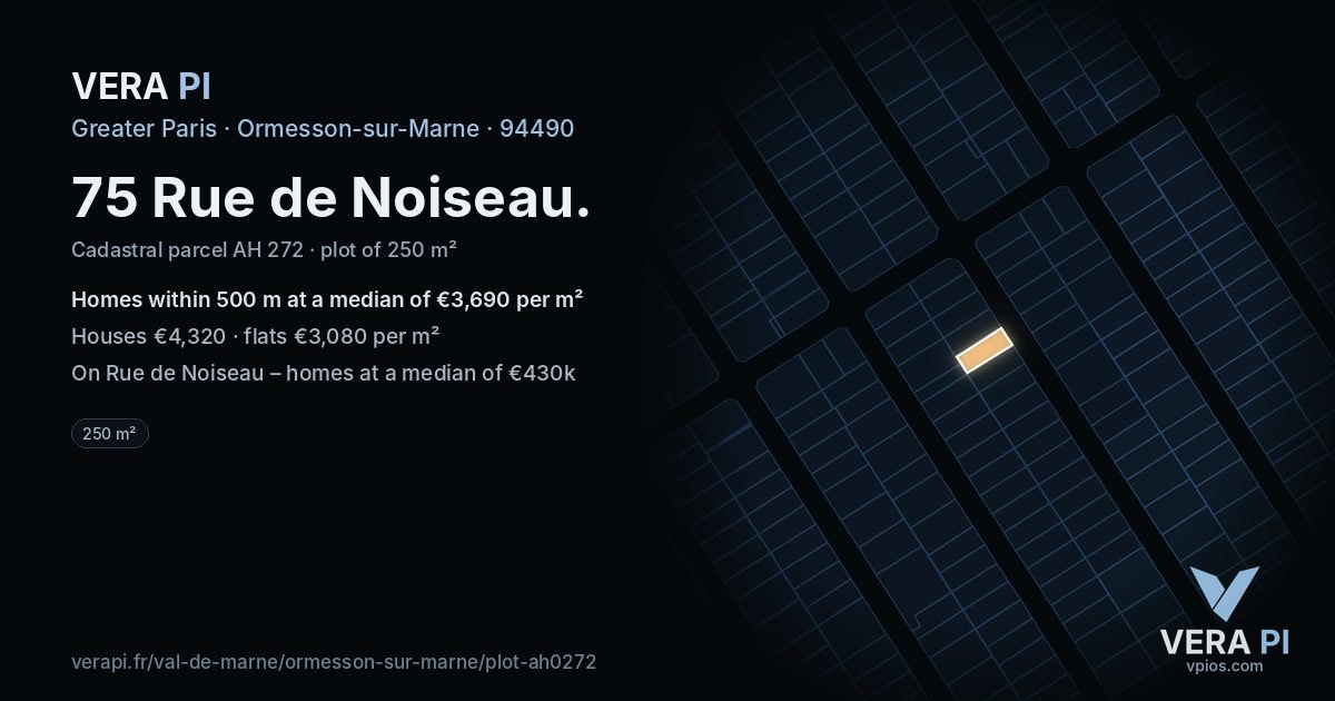 75 Rue de Noiseau, Ormesson-sur-Marne at night – the plot lit, the parcels around coloured by the prices near them