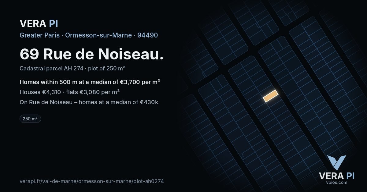 69 Rue de Noiseau, Ormesson-sur-Marne at night – the plot lit, the parcels around coloured by the prices near them