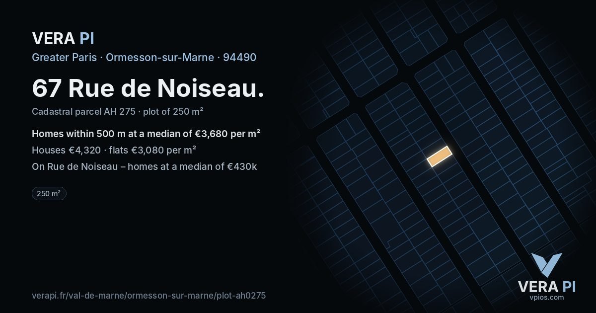 67 Rue de Noiseau, Ormesson-sur-Marne at night – the plot lit, the parcels around coloured by the prices near them